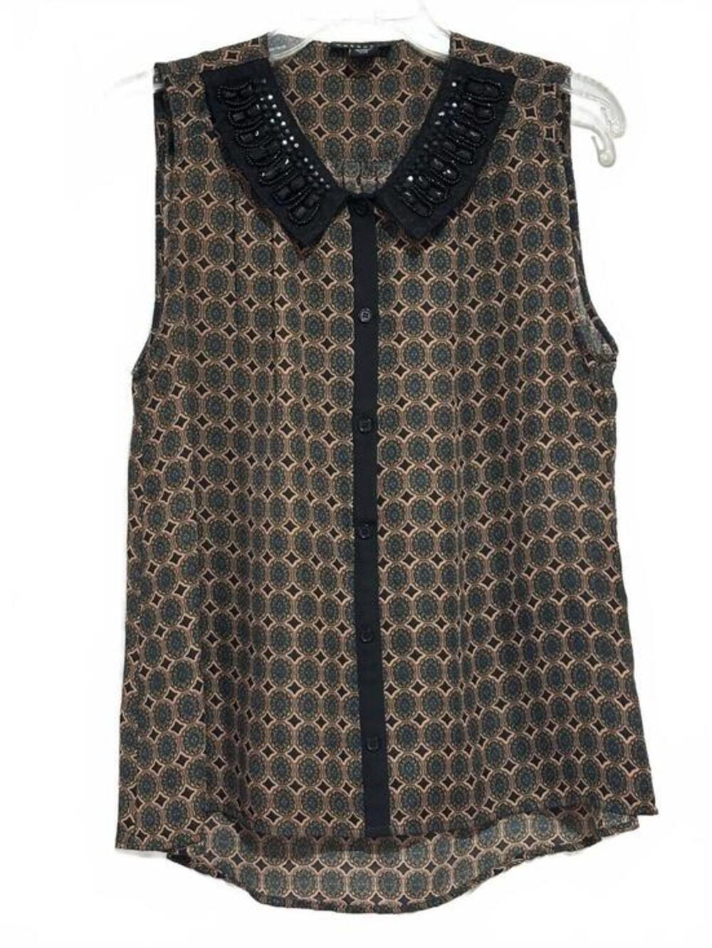 Metaphor Sleeveless Button-Up Blouse with Beaded Collar, Size L